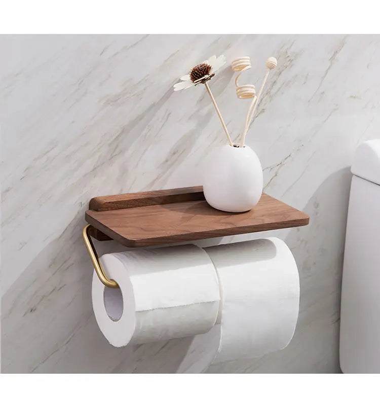 Stainless Steel & Black Walnut Wall-Mounted Toilet Paper Holder – Modern Bathroom Tissue Dispenser | Punch-Free or Screw Installation