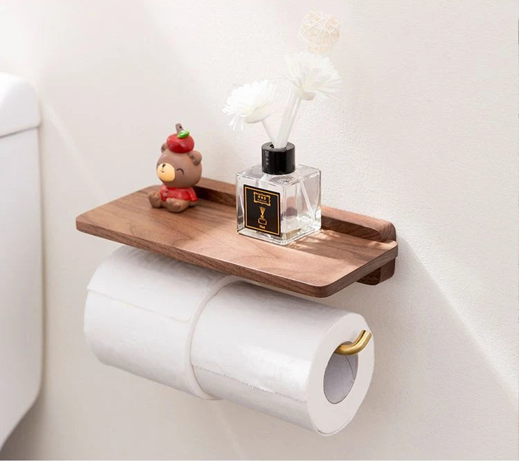 Stainless Steel & Black Walnut Wall-Mounted Toilet Paper Holder – Modern Bathroom Tissue Dispenser | Punch-Free or Screw Installation