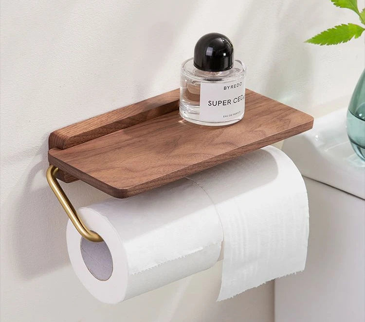 Stainless Steel & Black Walnut Wall-Mounted Toilet Paper Holder – Modern Bathroom Tissue Dispenser | Punch-Free or Screw Installation