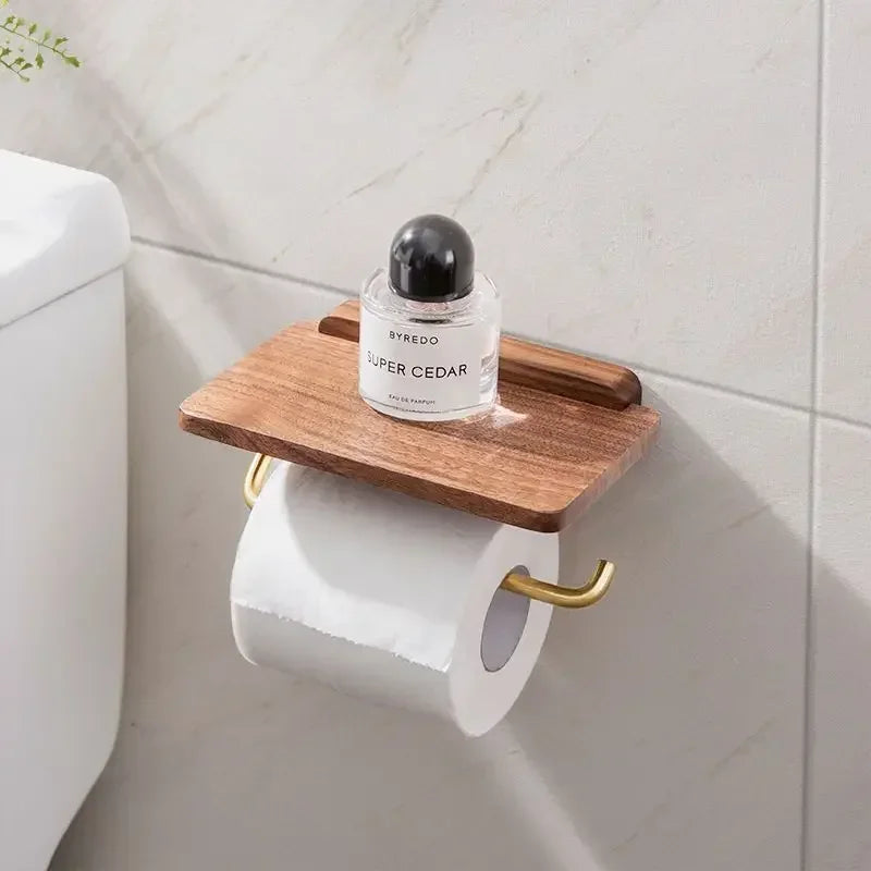 Stainless Steel & Black Walnut Wall-Mounted Toilet Paper Holder – Modern Bathroom Tissue Dispenser | Punch-Free or Screw Installation