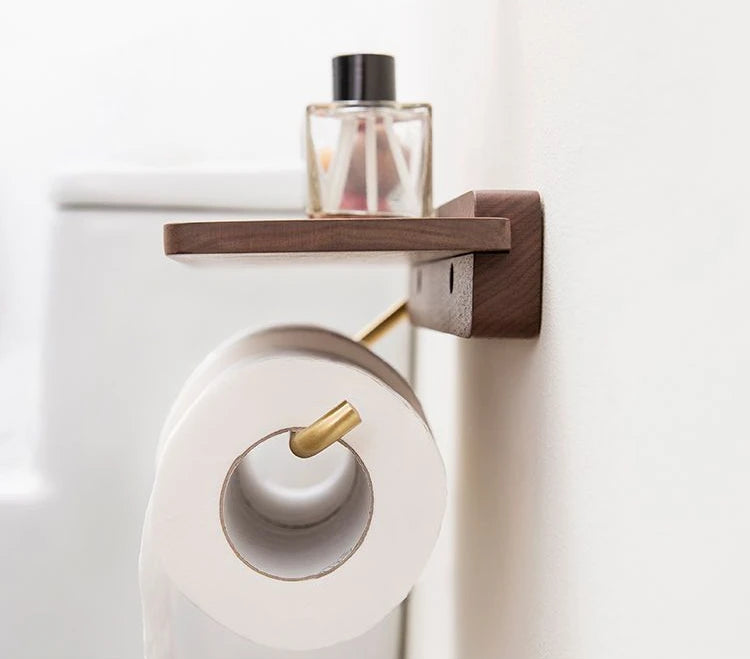 Stainless Steel & Black Walnut Wall-Mounted Toilet Paper Holder – Modern Bathroom Tissue Dispenser | Punch-Free or Screw Installation