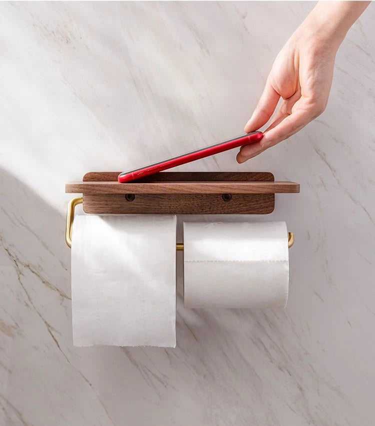 Stainless Steel & Black Walnut Wall-Mounted Toilet Paper Holder – Modern Bathroom Tissue Dispenser | Punch-Free or Screw Installation