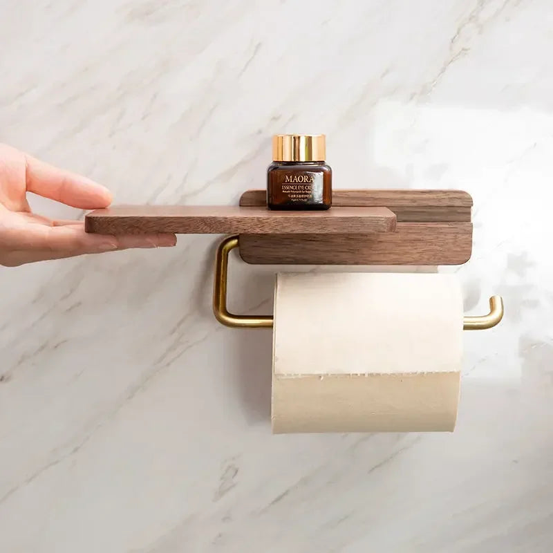 Stainless Steel & Black Walnut Wall-Mounted Toilet Paper Holder – Modern Bathroom Tissue Dispenser | Punch-Free or Screw Installation
