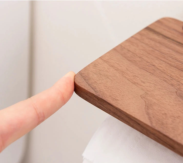 Stainless Steel & Black Walnut Wall-Mounted Toilet Paper Holder – Modern Bathroom Tissue Dispenser | Punch-Free or Screw Installation