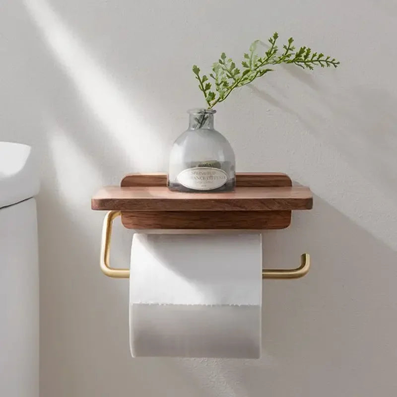 Stainless Steel & Black Walnut Wall-Mounted Toilet Paper Holder – Modern Bathroom Tissue Dispenser | Punch-Free or Screw Installation
